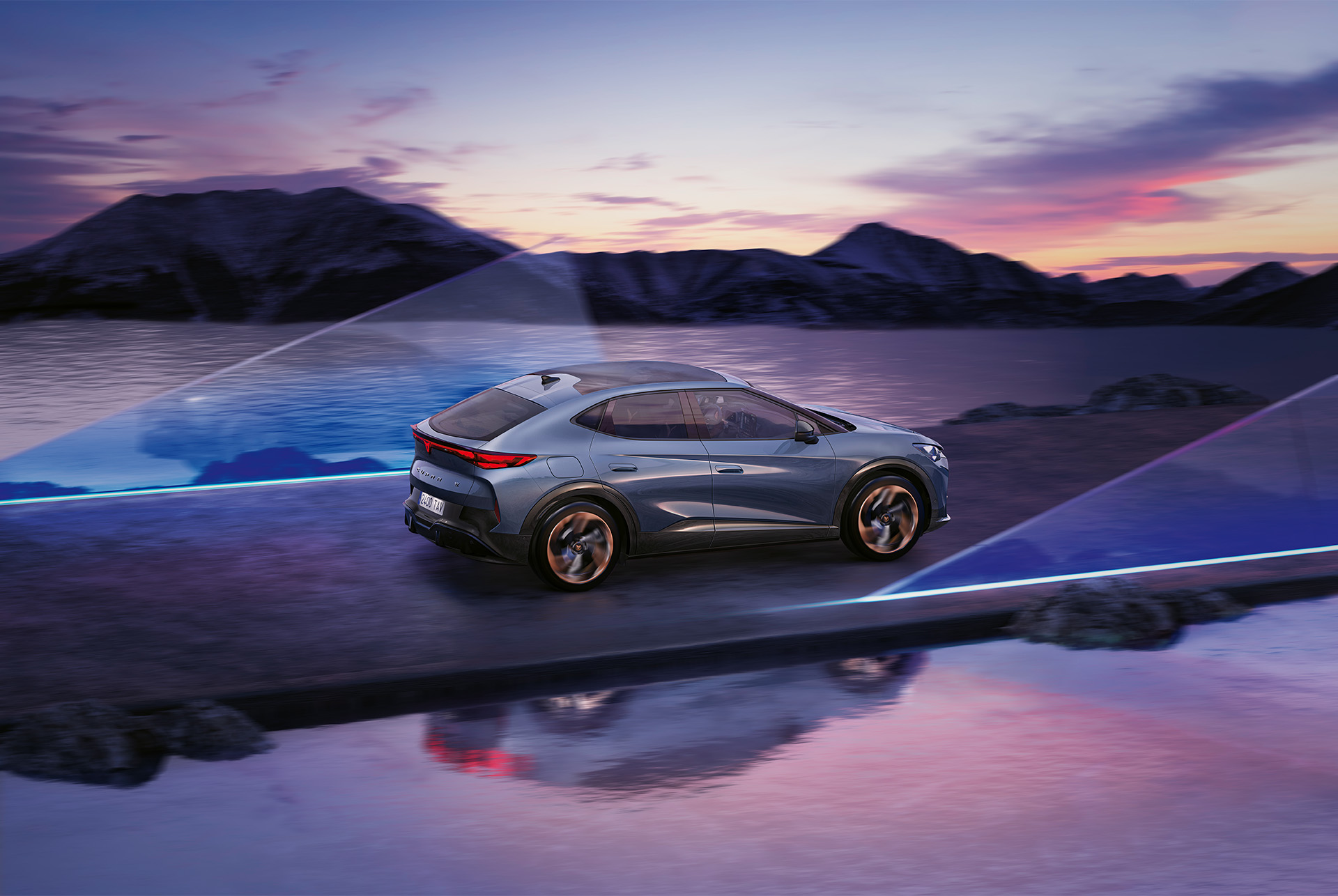 2024 cupra tavascan blue car, mountains, water and glass panel 
